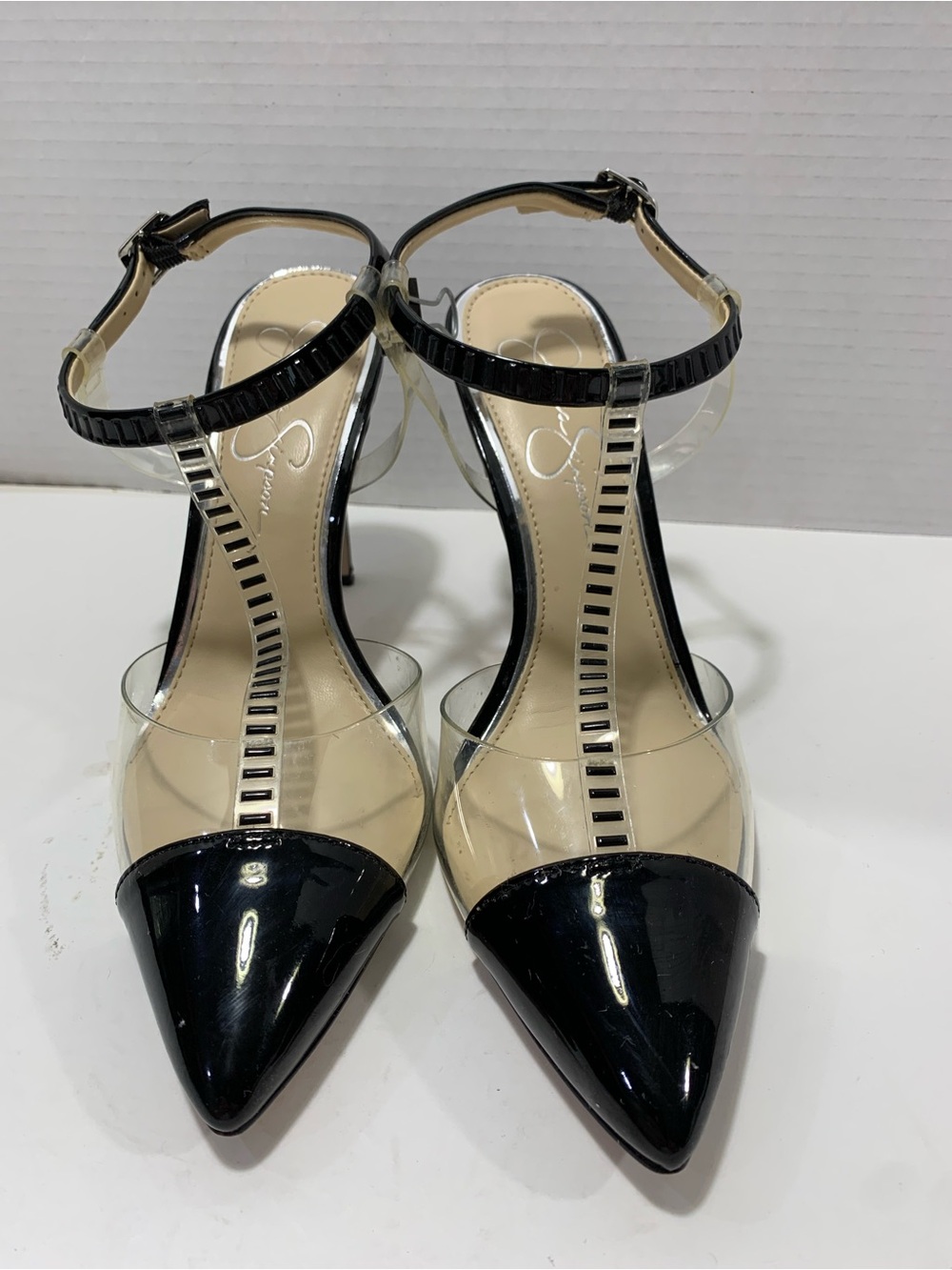 Jessica Simpson Black and Clear T-Strap Pointed Toe Heels